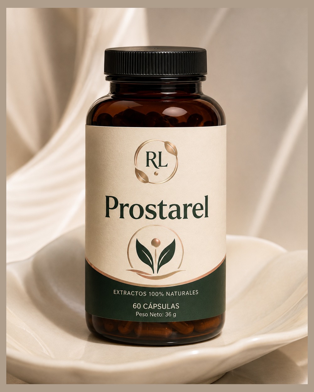 Prostarel en una composición de estudio con tonos crema y verdes
